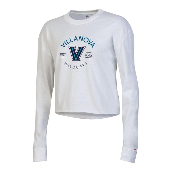 Ladies Villanova Wildcats Boyfriend Crop White Long Sleeve T-Shirt - In White - Front View