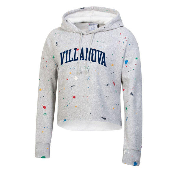 Ladies Villanova Wildcats Paint Drop Crop Hood in Grey - Front View