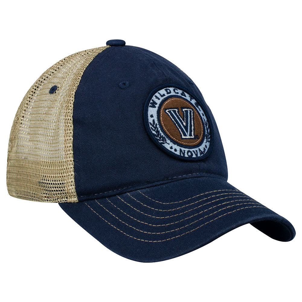 Villanova Wildcats Veritas Mesh Back Adjustable Hat in Navy and Tan - 3/4 Left View