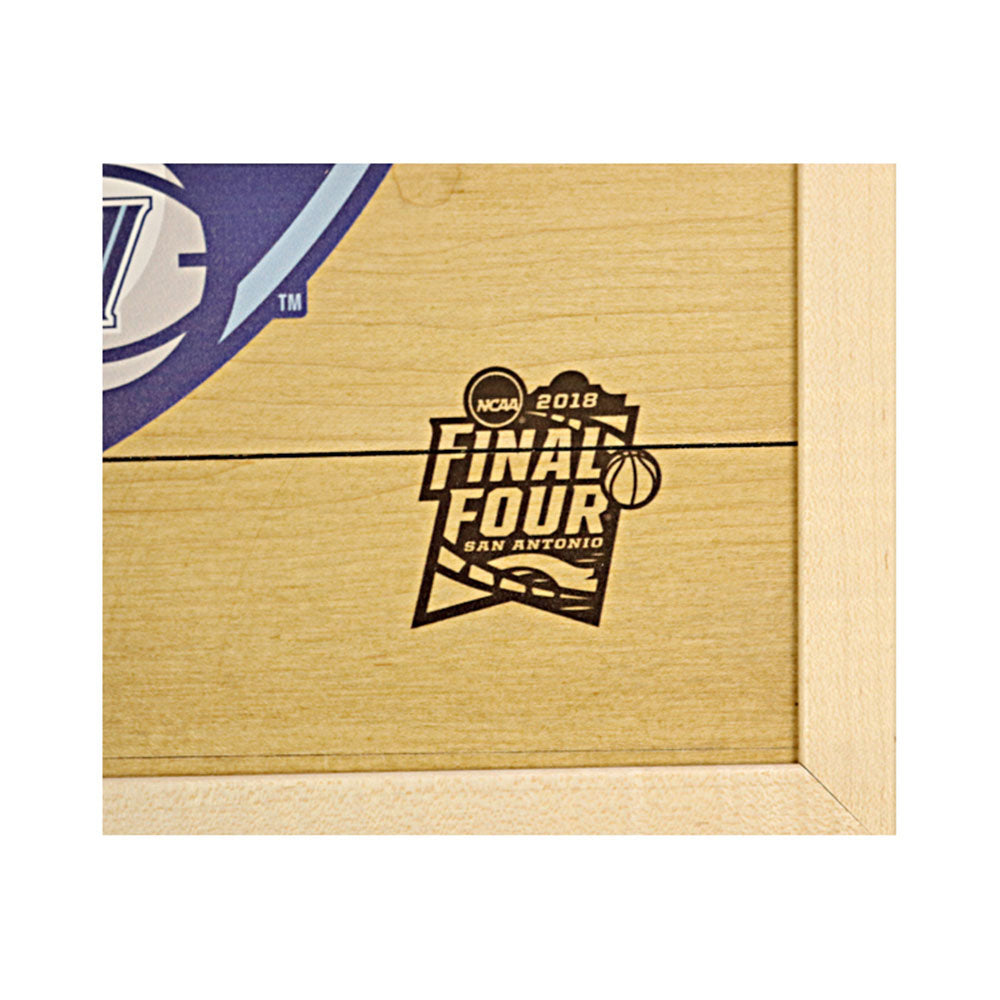 Villanova University Authentic 12"x12" Piece of 2018 Men's Final Four Basketball Court w/ Screen Printed Logo. Zoomed In View of NCAA 2018 Final Four San Antonio logo.