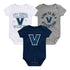 Newborn Villanova Wildcats 3-Pack Onesies - In White - In Grey - In Navy - Front View