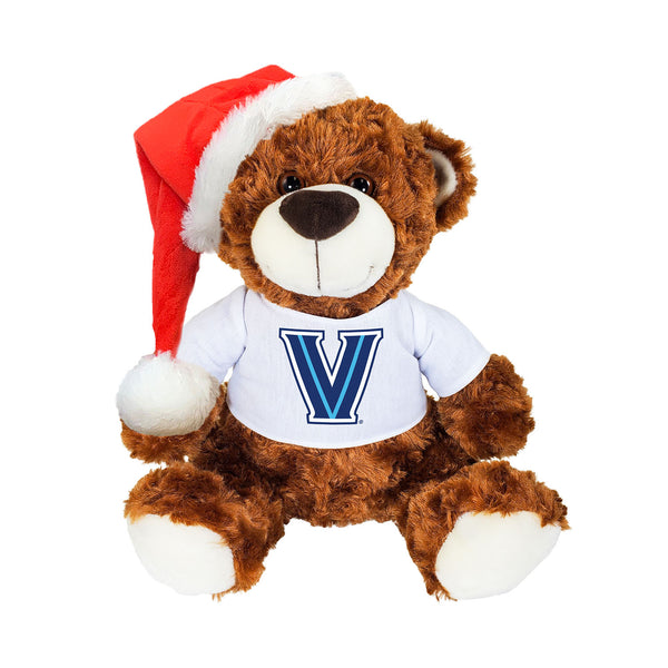 Villanova Wildcats Bella Holiday Brown Bear in White Tee and Red Santa Hat - Front View