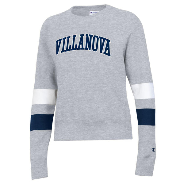 Ladies Villanova Wildcats Superfan Colorblock Crew in Grey with White and Navy - Front View