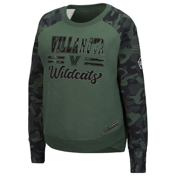 Ladies Villanova Wildcats OHT Frank Camo Crew Sweatshirt in Green - Front View