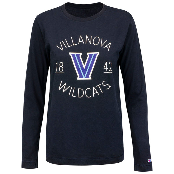 Ladies Villanova Wildcats Circle Wordmark Logo Long Sleeve T-Shirt in Navy - Front View