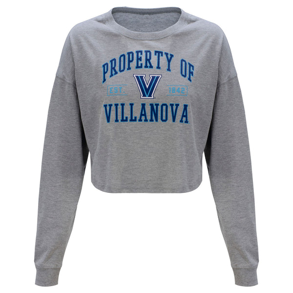 Ladies Villanova Wildcats Long Sleeve Shoulder Crop in Grey - Front View