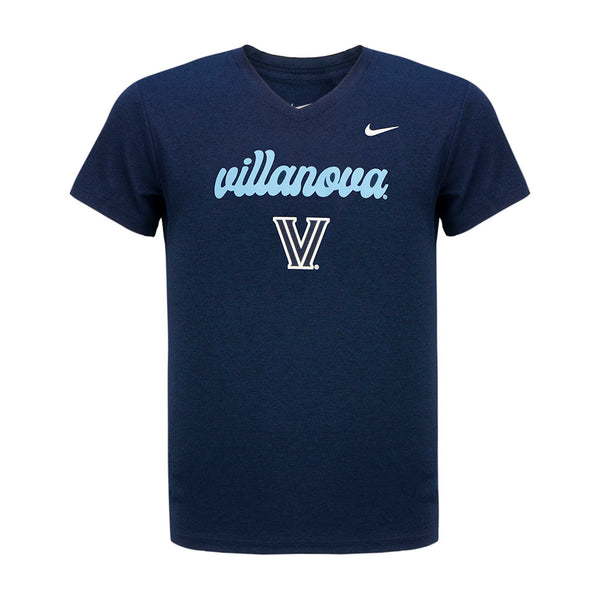 Girls Villanova Wildcats Nike Script V-Neck T-Shirt in Navy - Front View
